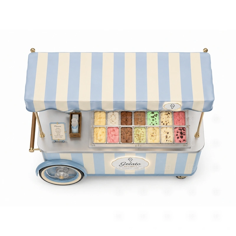 Ice Cream Freezer Cart for Retail Mall storage detail for under-counter storage, topping bins, packaging space, waste access, cable routes, and service supplies planned for ice cream freezer cart for retail mall