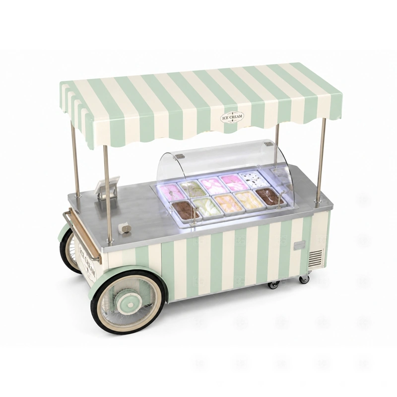 Ice Cream Vending Cart for Food Court branding detail for canopy, logo panel, wheel style, side graphics, menu board, and dessert brand colors coordinated for ice cream vending cart for food court
