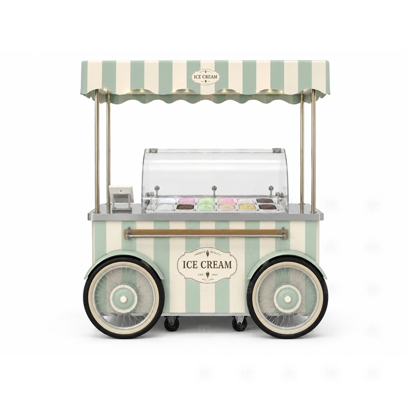 Ice Cream Vending Cart for Food Court storage detail for under-counter storage, topping bins, packaging space, waste access, cable routes, and service supplies planned for ice cream vending cart for food court