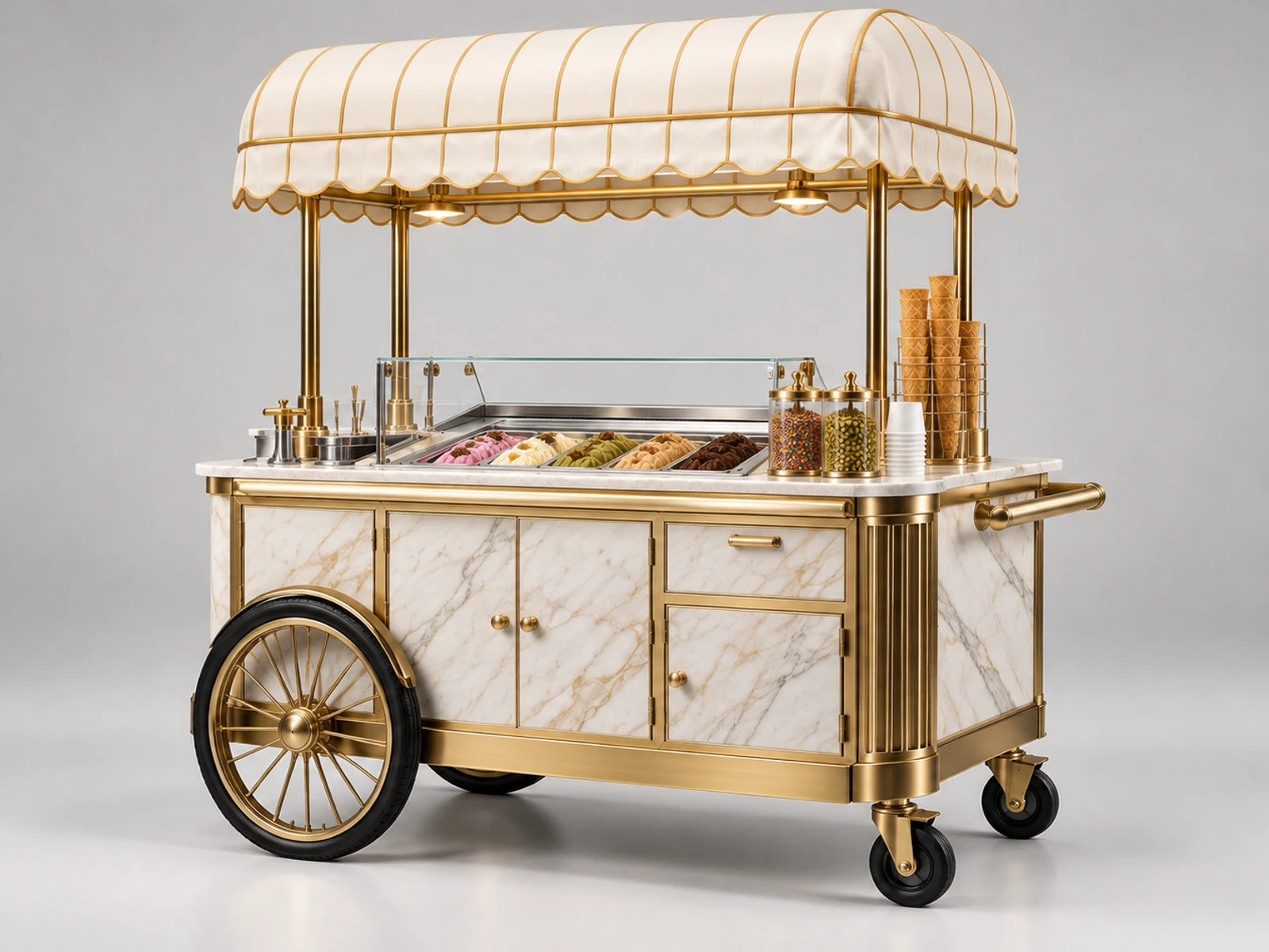 Luxury Gelato Cart with Brass and Marble Finish opposite angle showing the complete layout