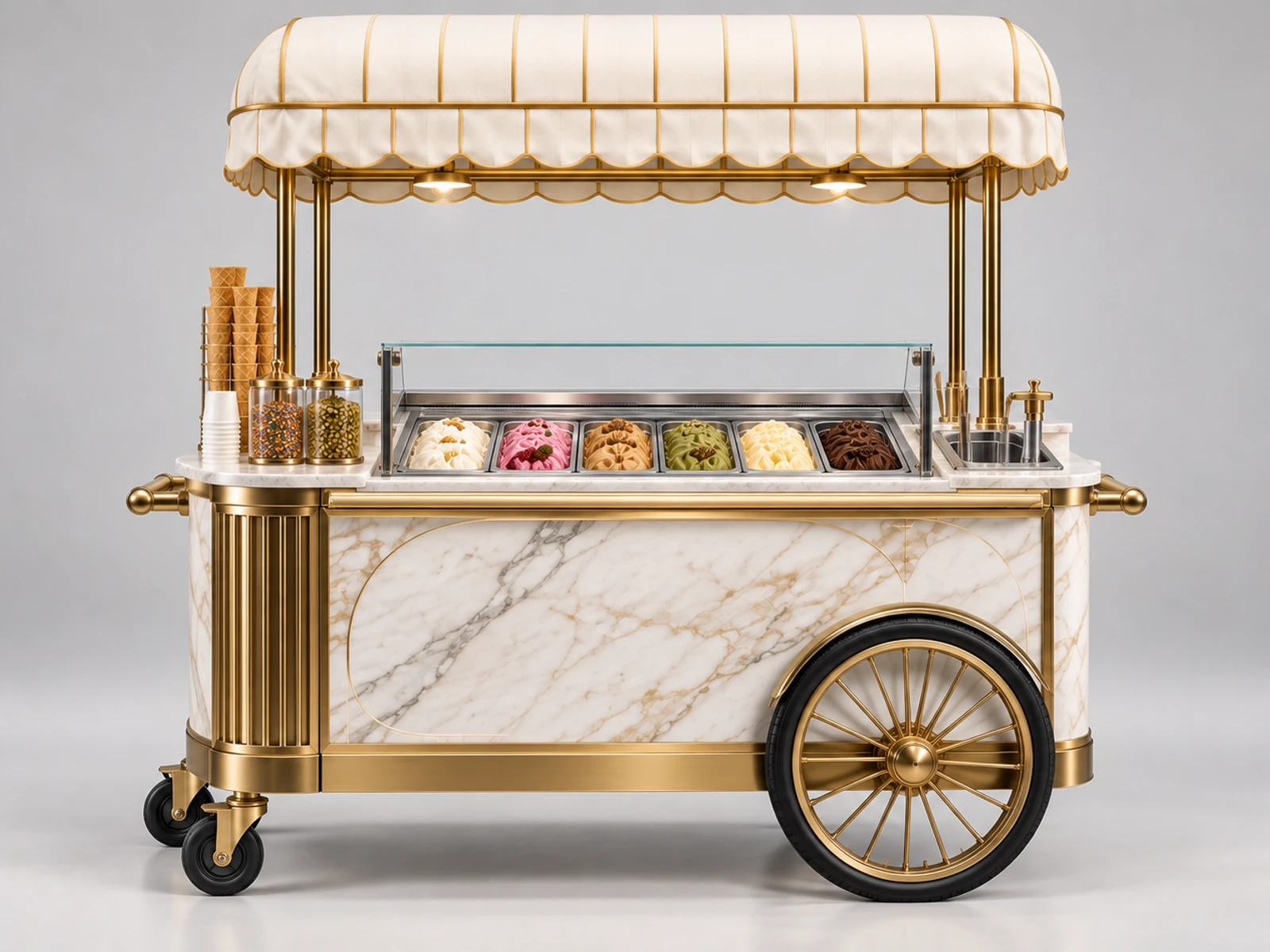Luxury Gelato Cart with Brass and Marble Finish customer-facing service and display detail