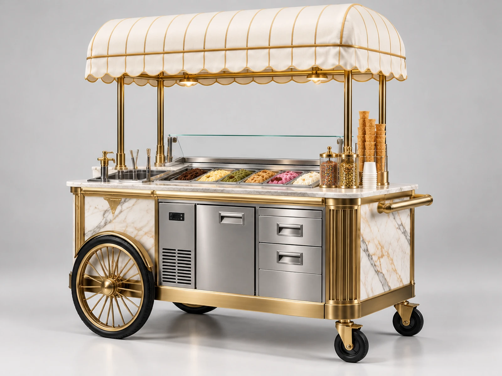 Luxury Gelato Cart with Brass and Marble Finish staff-side equipment, utilities, and storage view