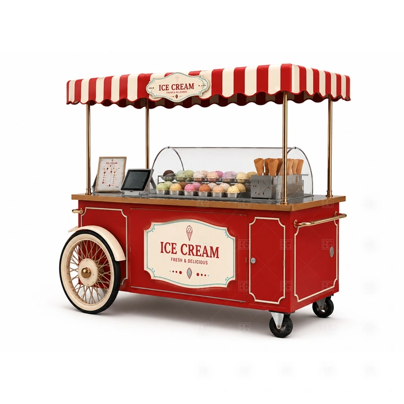 Mall Ice Cream Push Cart Design layout showing mobile cart body planning shown in the mall ice cream push cart design product photos, with food court traffic where order, payment, and pickup need a clean sequence