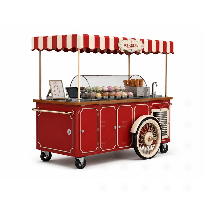 Mall Ice Cream Push Cart Design display detail for freezer display, serving ledge, topping area, menu sign, front graphics, and customer-facing panels planned for mall ice cream push cart design