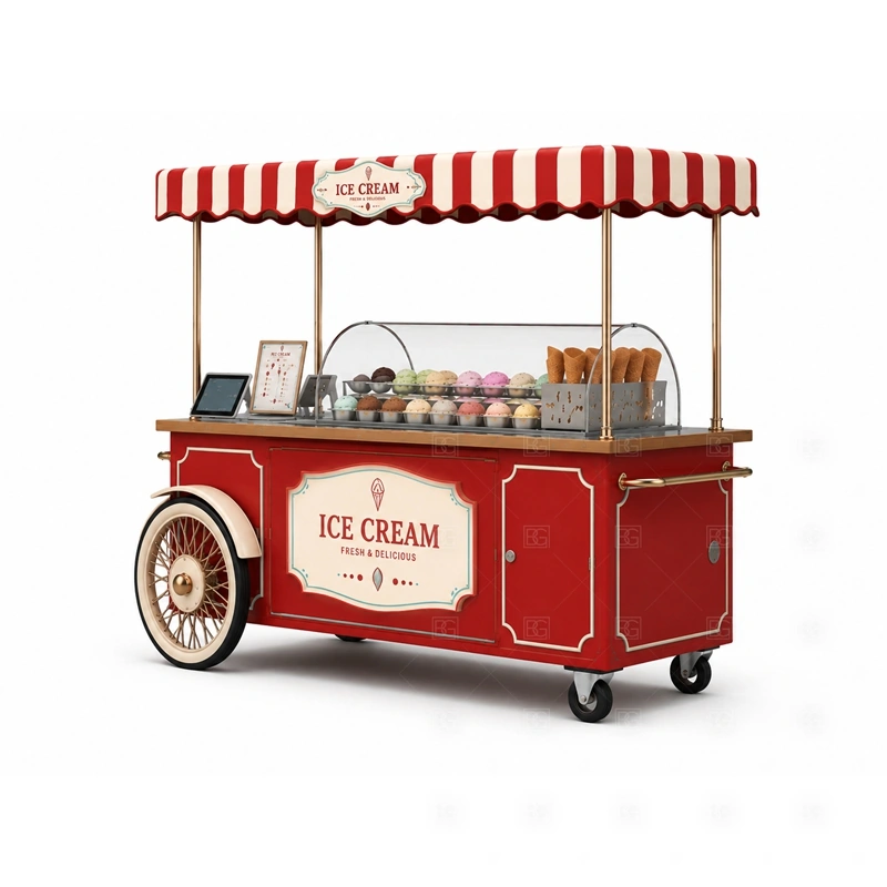 Mall Ice Cream Push Cart Design branding detail for canopy, logo panel, wheel style, side graphics, menu board, and dessert brand colors coordinated for mall ice cream push cart design