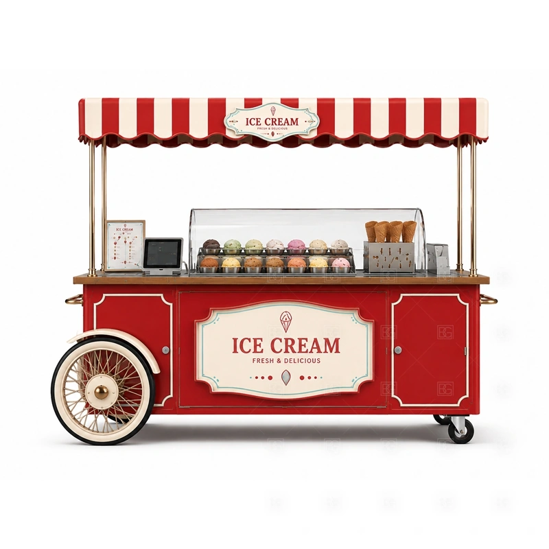 Mall Ice Cream Push Cart Design storage detail for under-counter storage, topping bins, packaging space, waste access, cable routes, and service supplies planned for mall ice cream push cart design