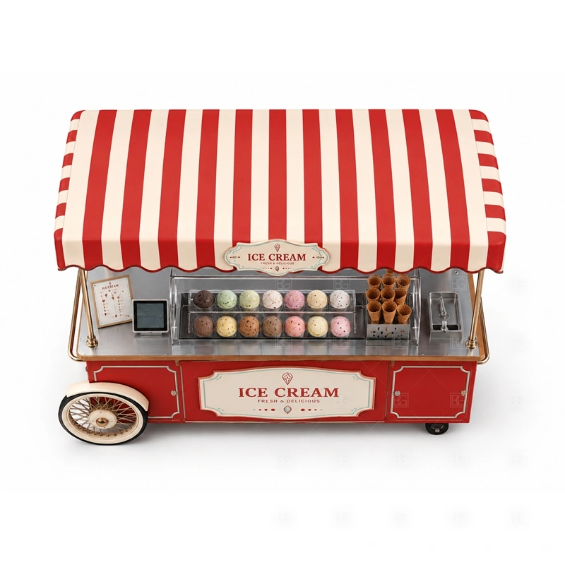 Mall Ice Cream Push Cart Design buyer planning detail for Mall Ice Cream Push Cart Design target size, freezer model, canopy size, wheel style, serving direction, menu type, venue rules, destination country