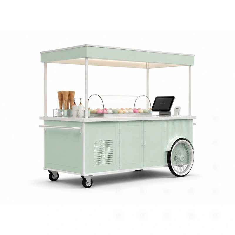 Mobile Gelato Cart for Shopping Mall display detail for freezer display, serving ledge, topping area, menu sign, front graphics, and customer-facing panels planned for mobile gelato cart for shopping mall
