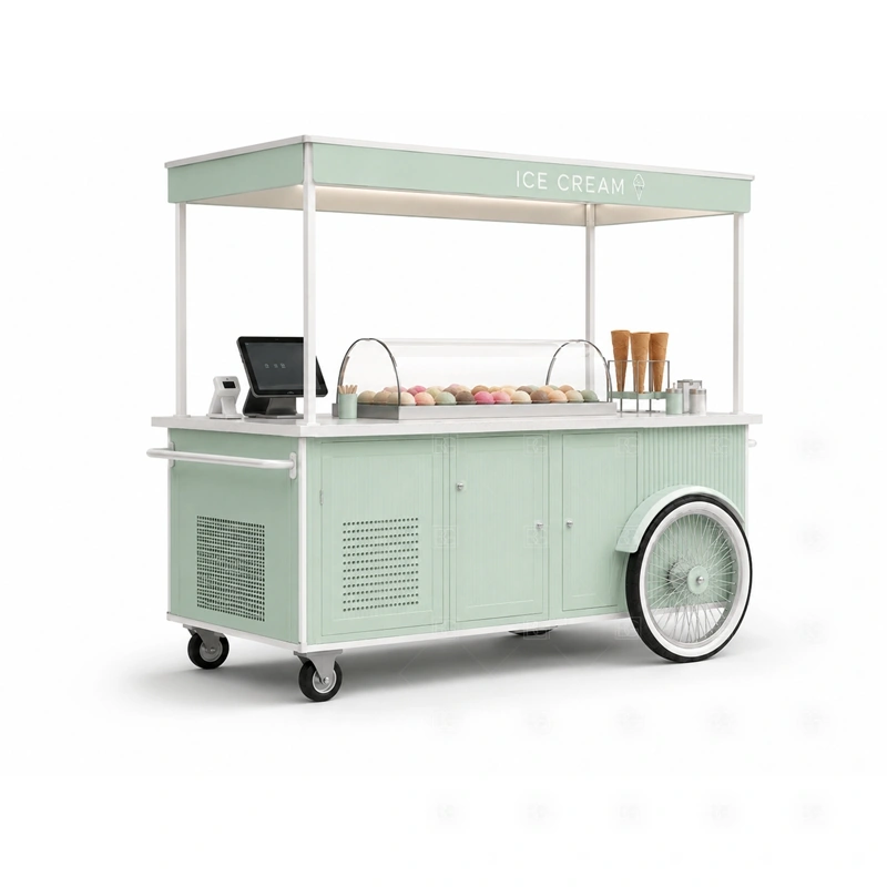 Mobile Gelato Cart for Shopping Mall branding detail for canopy, logo panel, wheel style, side graphics, menu board, and dessert brand colors coordinated for mobile gelato cart for shopping mall