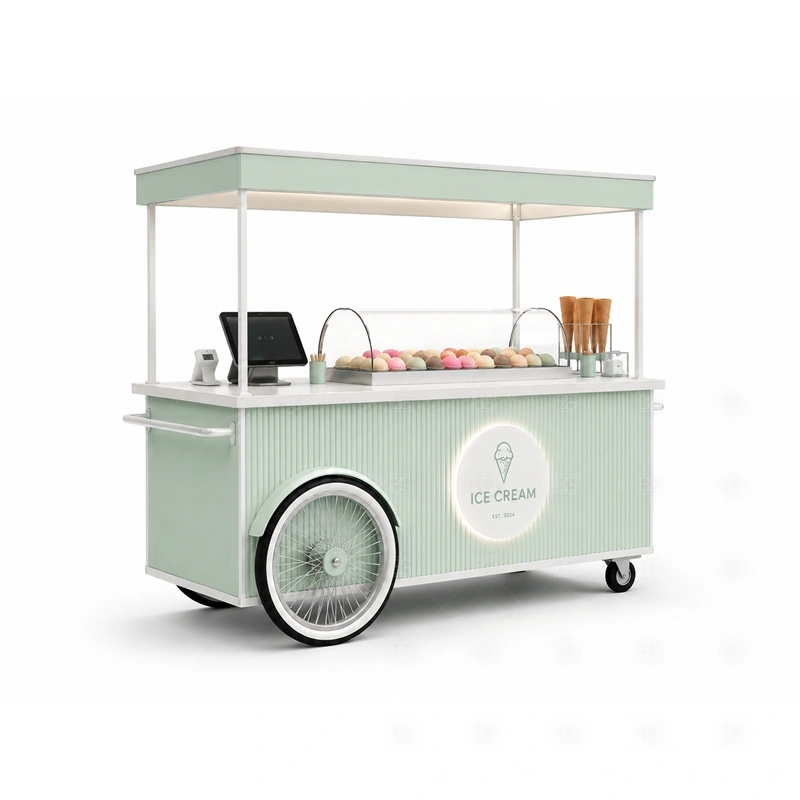 Mobile Gelato Cart for Shopping Mall storage detail for under-counter storage, topping bins, packaging space, waste access, cable routes, and service supplies planned for mobile gelato cart for shopping mall
