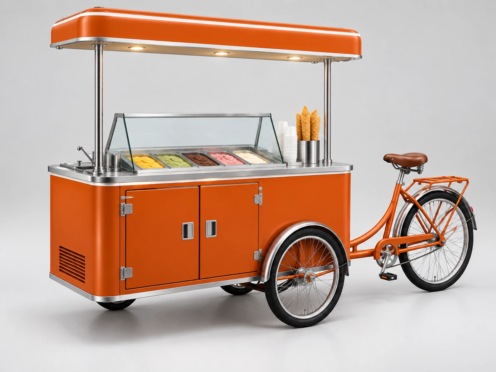 Mobile Ice Cream Tricycle with Insulated Storage opposite angle showing the complete layout