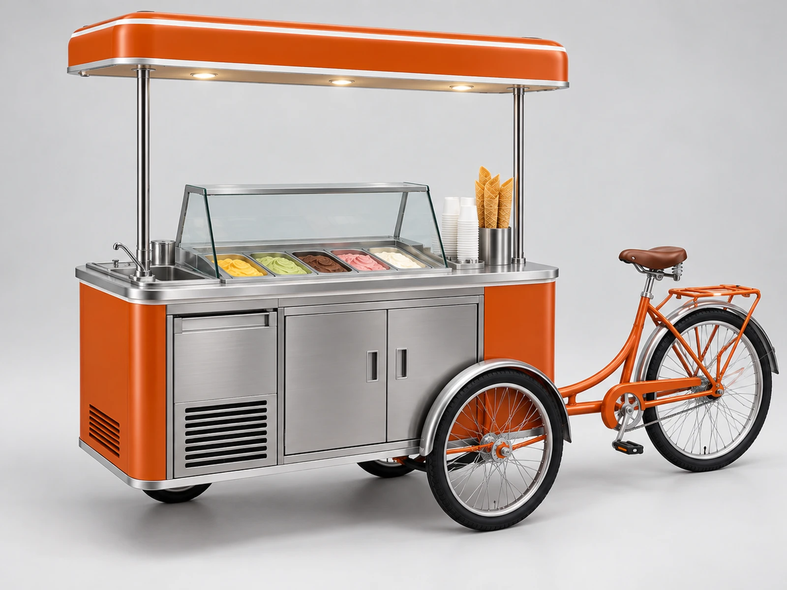 Mobile Ice Cream Tricycle with Insulated Storage staff-side equipment, utilities, and storage view