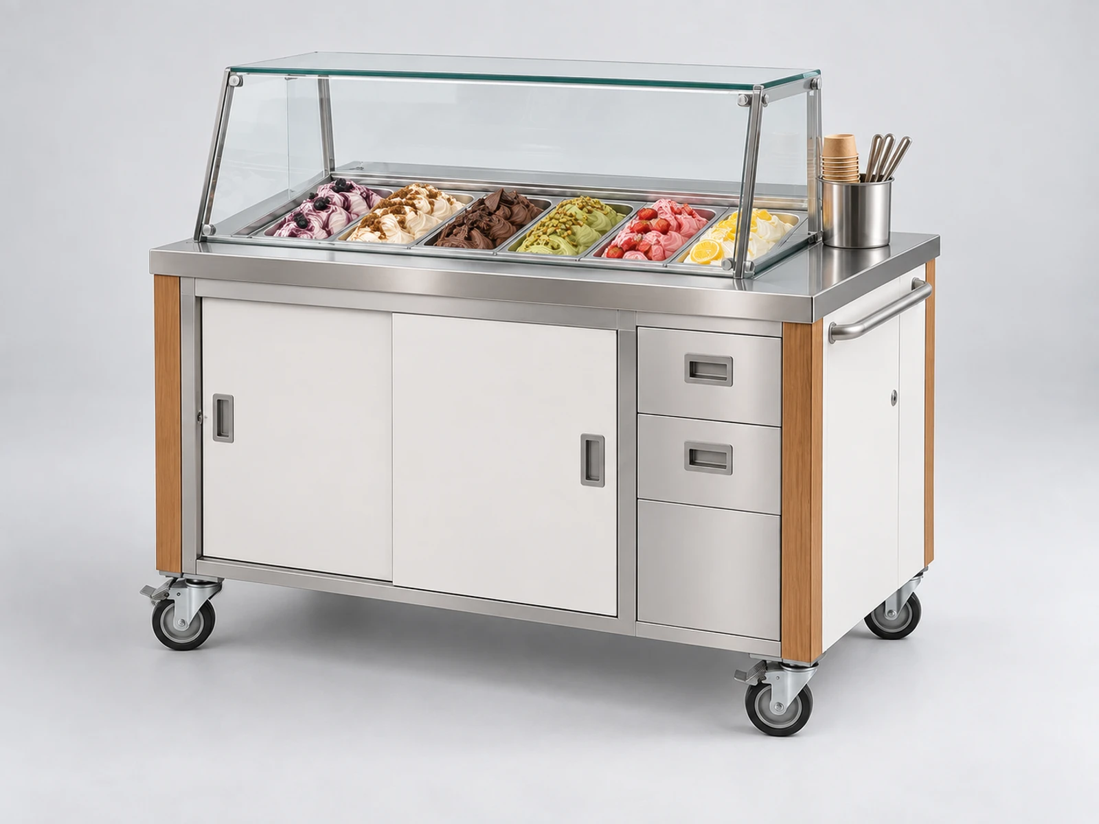 Modern Ice Cream Cart with Glass Dipping Display opposite angle showing the complete layout