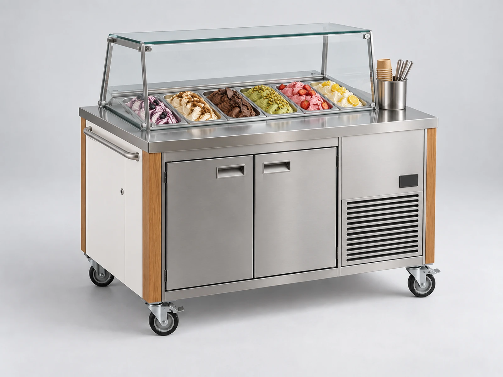 Modern Ice Cream Cart with Glass Dipping Display staff-side equipment, utilities, and storage view
