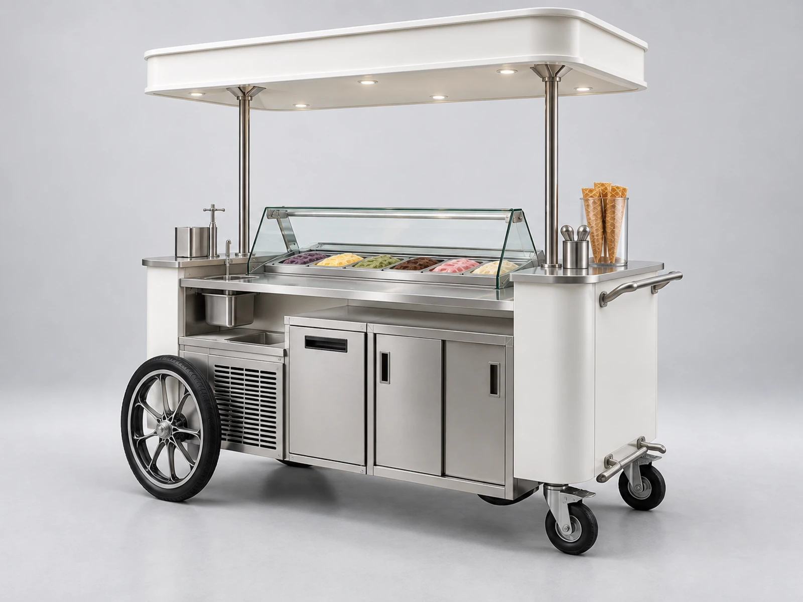 Outdoor Ice Cream Cart with Weatherproof Canopy staff-side equipment, utilities, and storage view