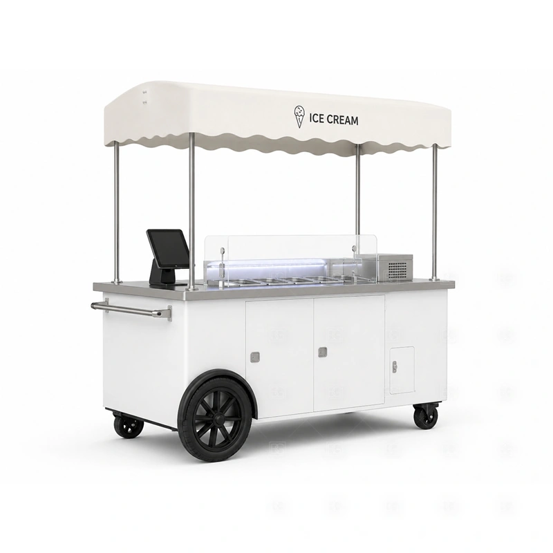 Portable Ice Cream Cart Manufacturer with a portable ice cream cart that can be custom manufactured for brand and venue needs shown in the portable ice cream cart manufacturer product photos for mobile dessert retail