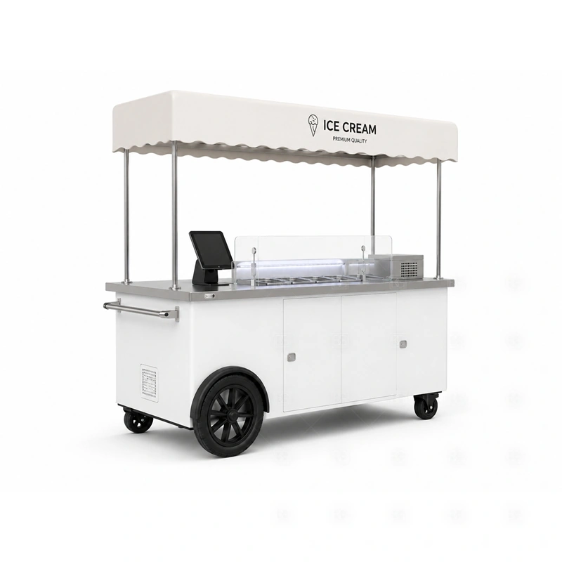 Portable Ice Cream Cart Manufacturer display detail for freezer display, serving ledge, topping area, menu sign, front graphics, and customer-facing panels planned for portable ice cream cart manufacturer