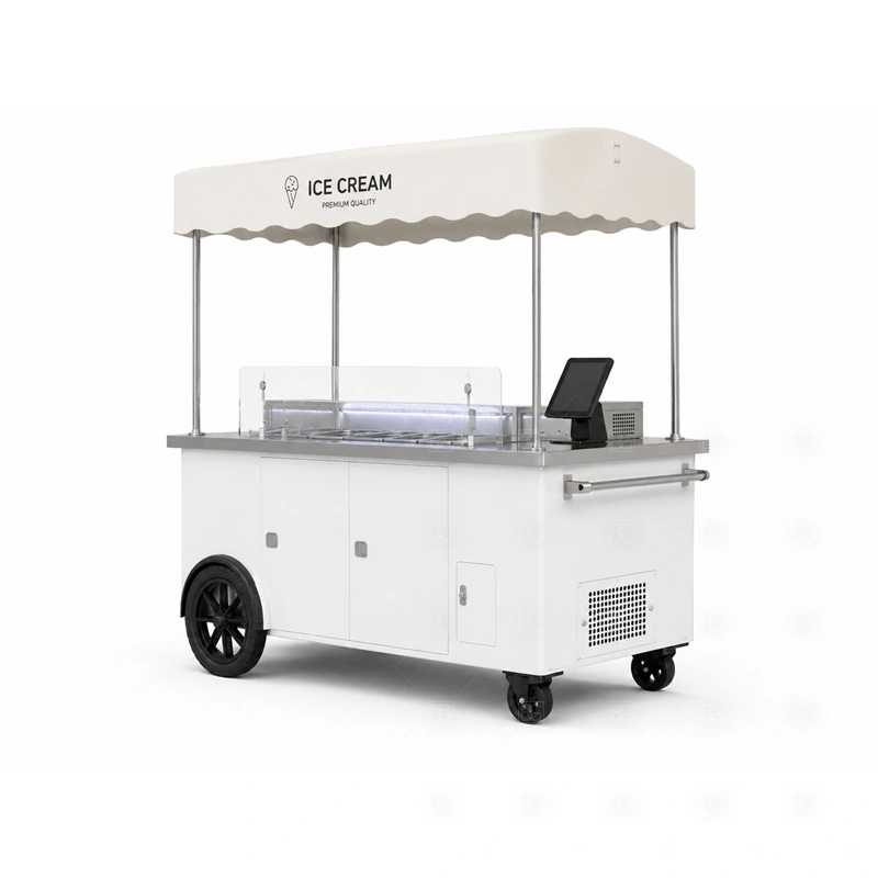 Portable Ice Cream Cart Manufacturer branding detail for canopy, logo panel, wheel style, side graphics, menu board, and dessert brand colors coordinated for portable ice cream cart manufacturer