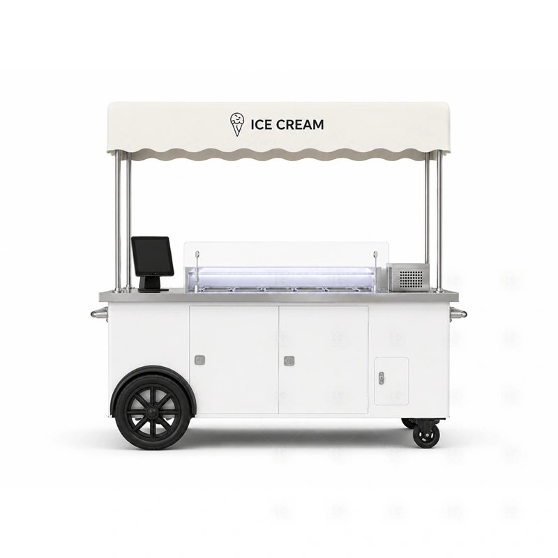 Portable Ice Cream Cart Manufacturer storage detail for under-counter storage, topping bins, packaging space, waste access, cable routes, and service supplies planned for portable ice cream cart manufacturer