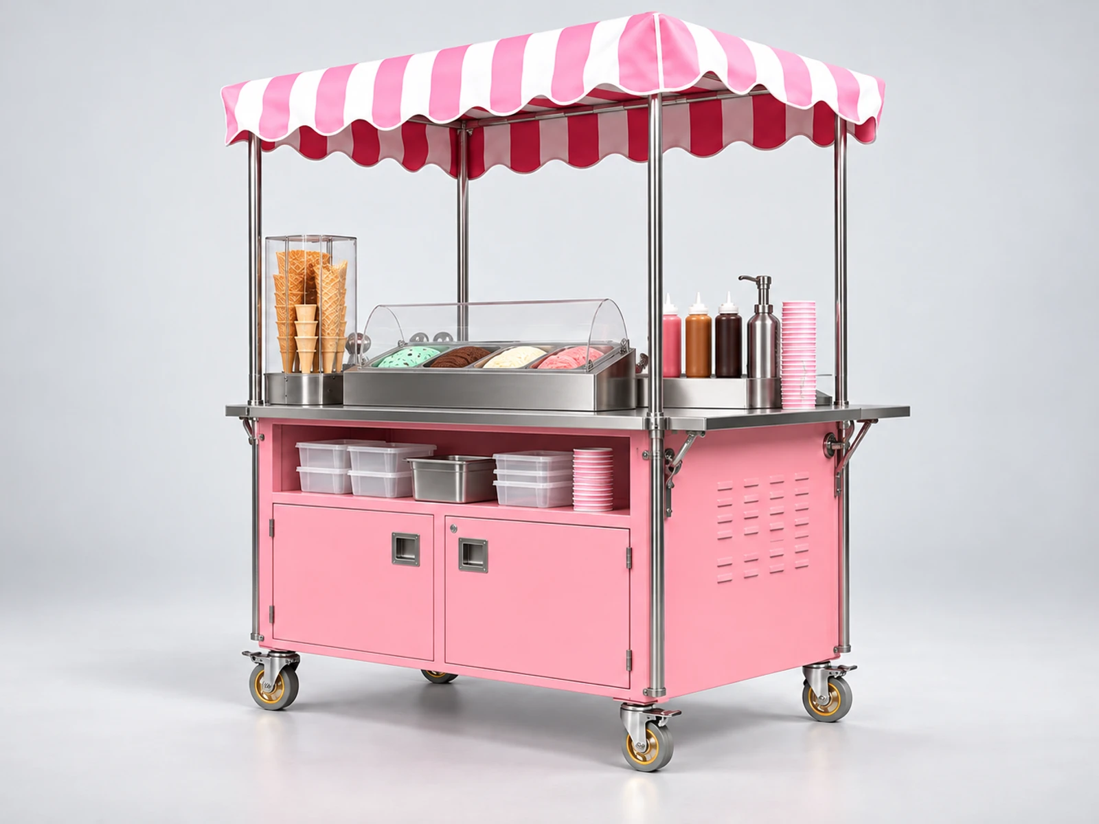 Premium Dessert Cart with Topping and Cone Station opposite angle showing the complete layout