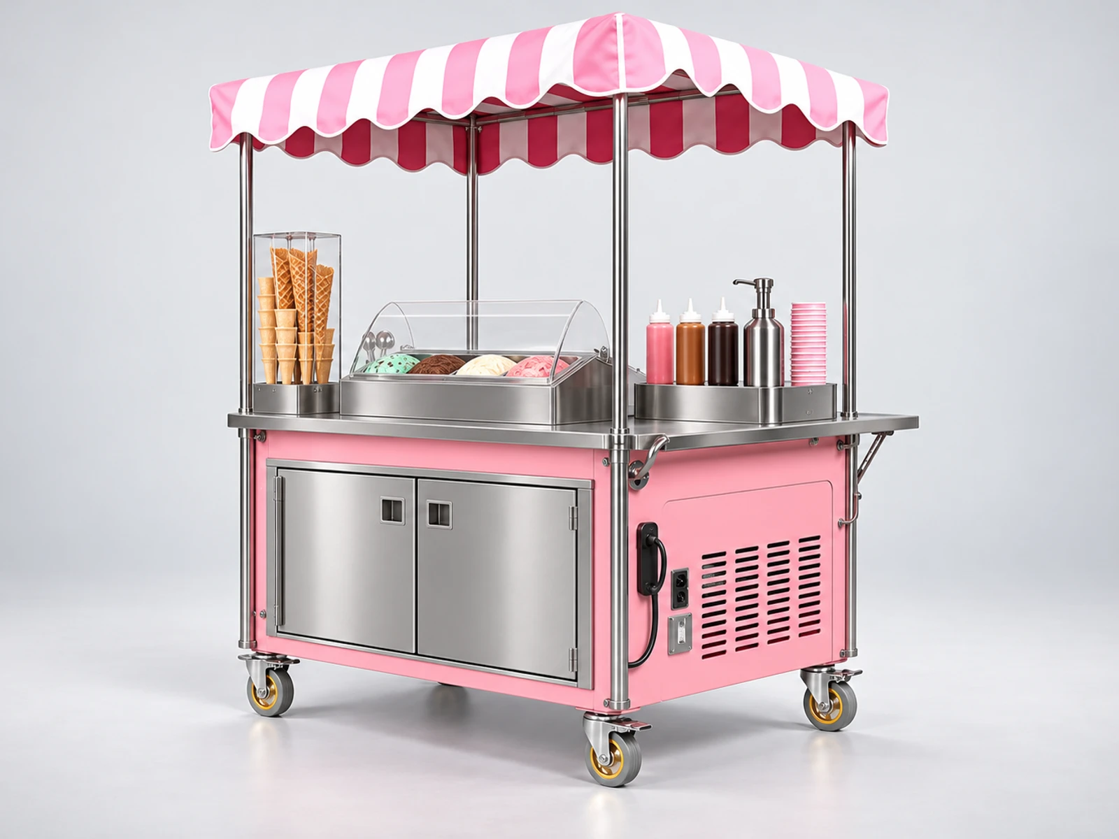 Premium Dessert Cart with Topping and Cone Station staff-side equipment, utilities, and storage view