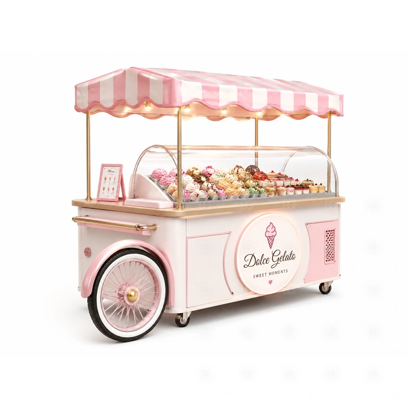 Small Ice Cream Cart for Dessert Business with a small dessert business cart with compact storage, display, and serving space shown in the small ice cream cart for dessert business product photos for mobile dessert retail