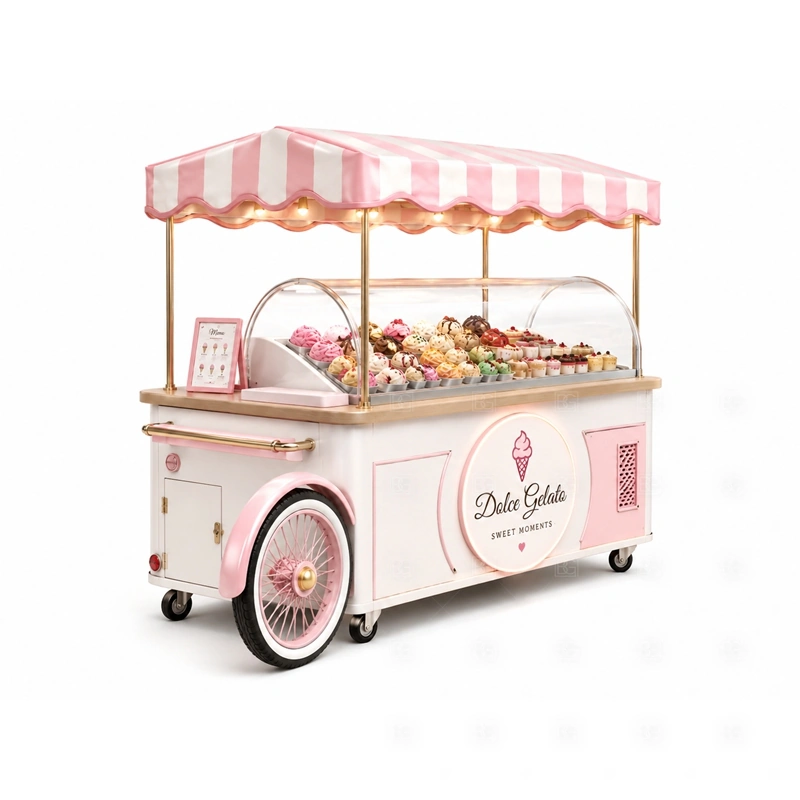 Small Ice Cream Cart for Dessert Business display detail for freezer display, serving ledge, topping area, menu sign, front graphics, and customer-facing panels planned for small ice cream cart for dessert business