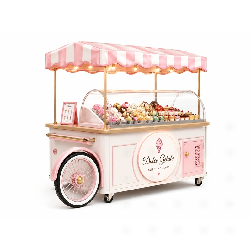 Small Ice Cream Cart for Dessert Business branding detail for canopy, logo panel, wheel style, side graphics, menu board, and dessert brand colors coordinated for small ice cream cart for dessert business