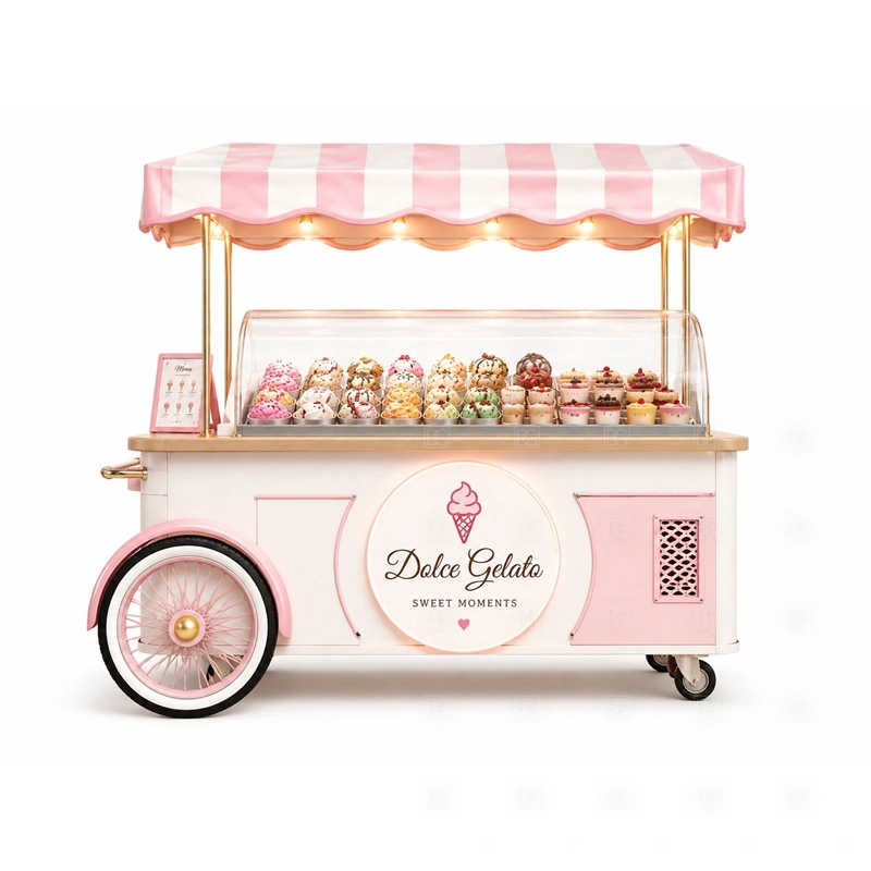 Small Ice Cream Cart for Dessert Business storage detail for under-counter storage, topping bins, packaging space, waste access, cable routes, and service supplies planned for small ice cream cart for dessert business