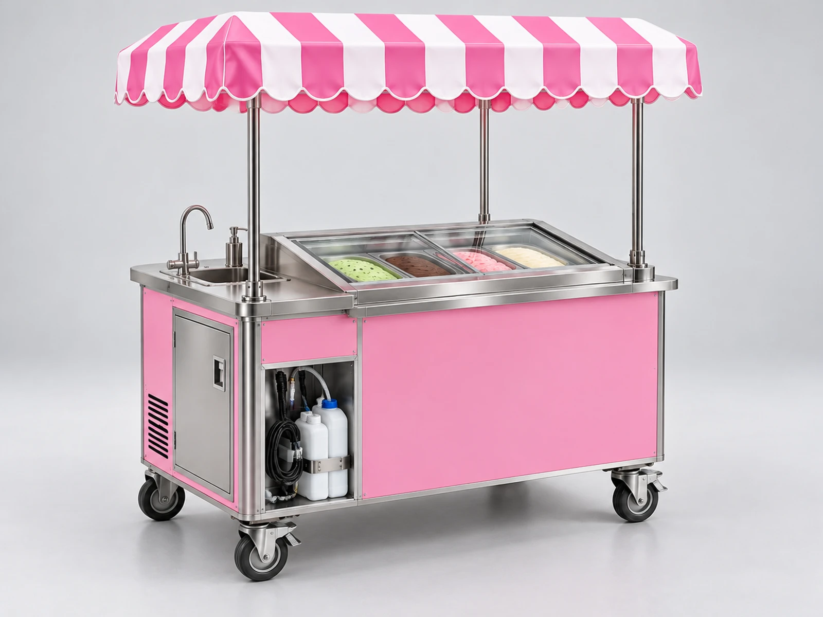 Small Ice Cream Cart with Umbrella and Hand Sink staff-side equipment, utilities, and storage view