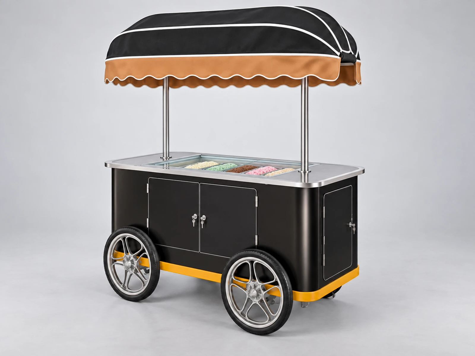 Vintage Ice Cream Push Cart with Large Spoked Wheels opposite angle showing the complete layout