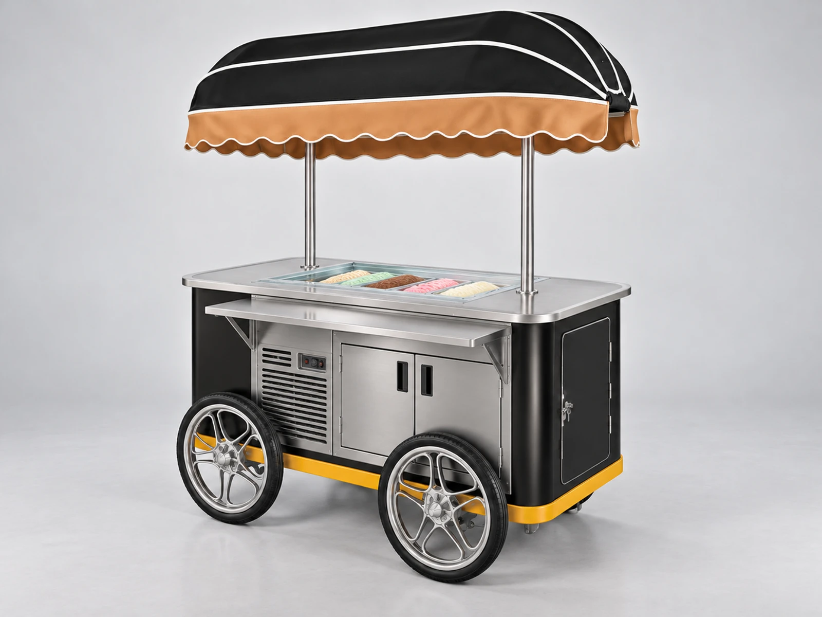 Vintage Ice Cream Push Cart with Large Spoked Wheels staff-side equipment, utilities, and storage view