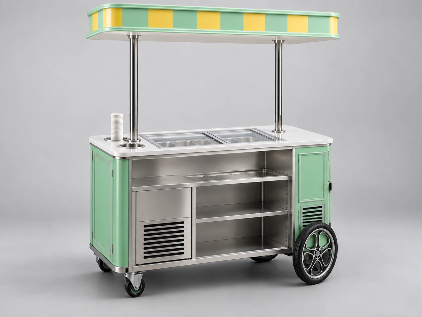 Wedding Ice Cream Cart with Elegant Serving Counter staff-side equipment, utilities, and storage view