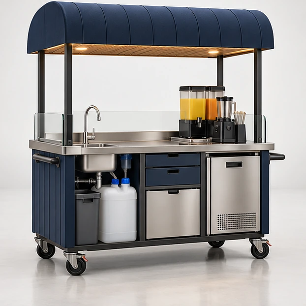 Compact Market Juice Cart with Handwash Sink operator-side equipment, access, and storage view