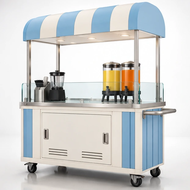 Event Juice Cart with Battery-Powered Equipment Bay opposite angle showing its complete footprint and display layout