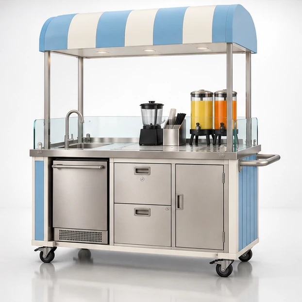 Event Juice Cart with Battery-Powered Equipment Bay operator-side equipment, access, and storage view