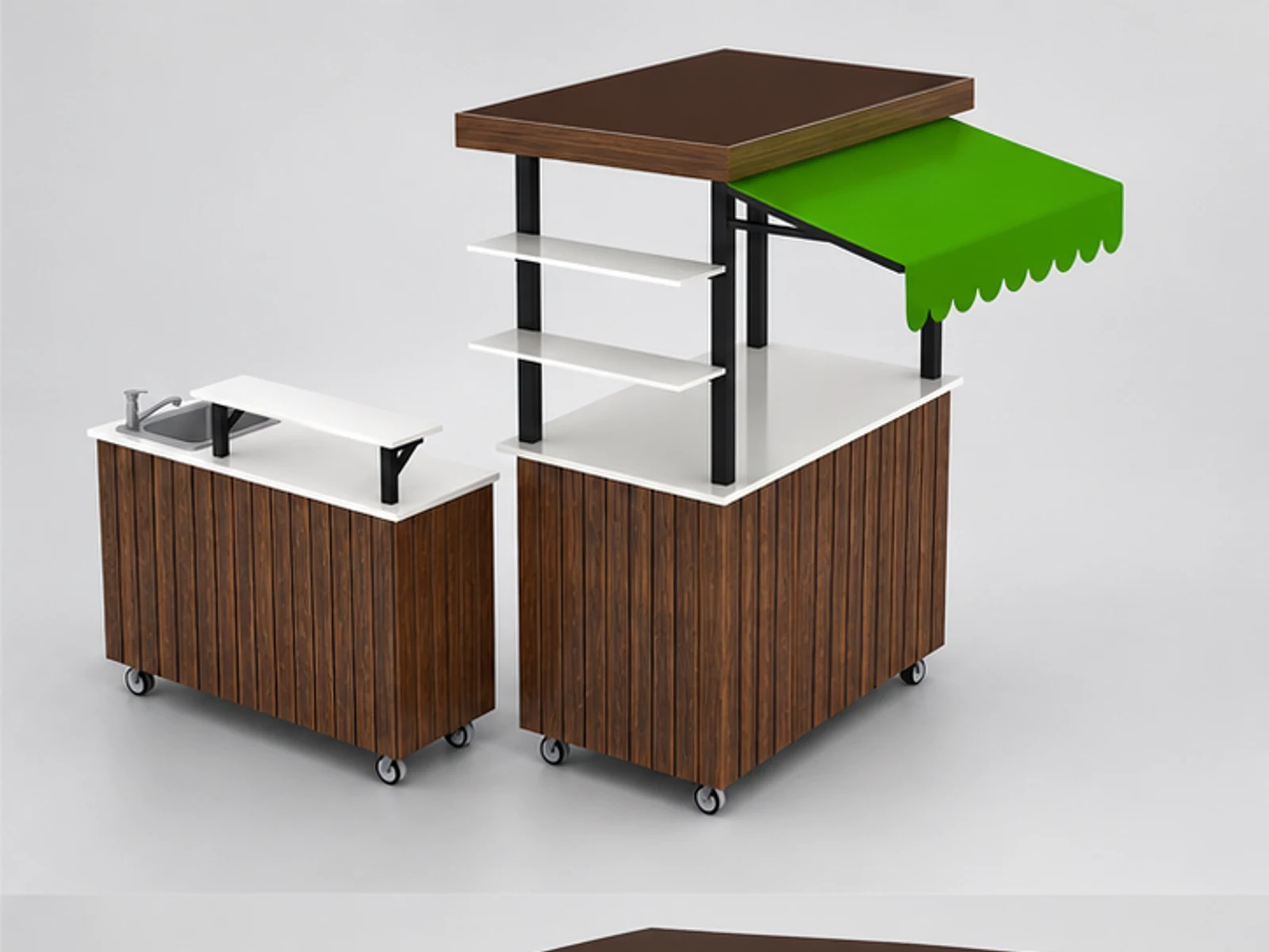 Flexiable mobile food cart wooden hand push trolley with wheels for sale opposite angle and overall footprint