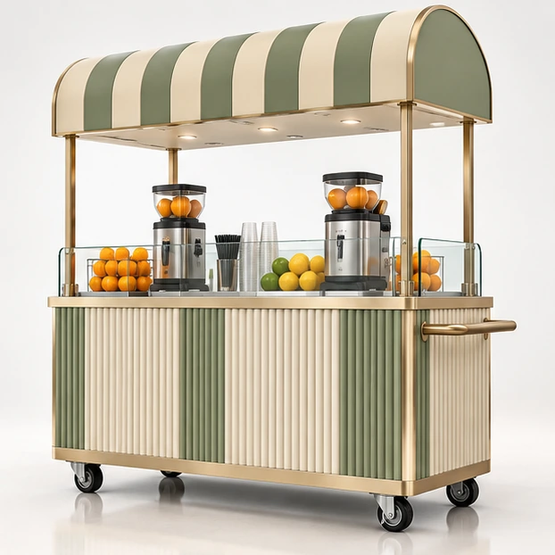 Fresh Citrus Juice Cart with Dual Juicer Stations opposite angle showing its complete footprint and display layout