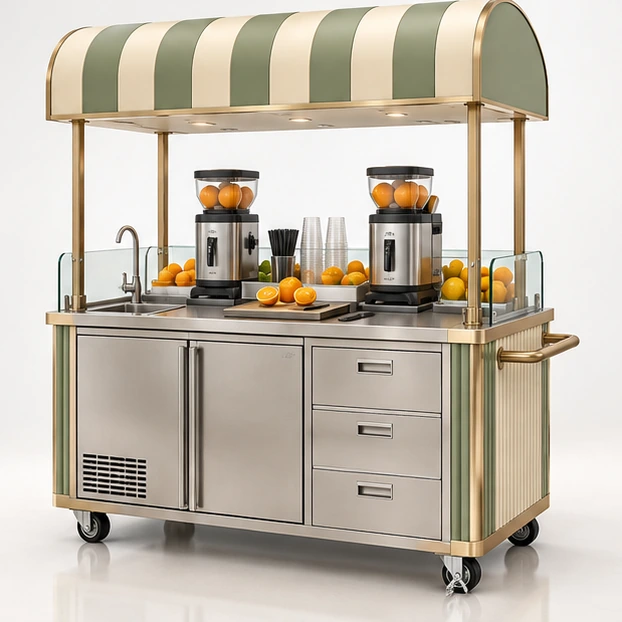 Fresh Citrus Juice Cart with Dual Juicer Stations operator-side equipment, access, and storage view