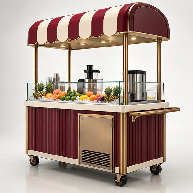 Fresh Fruit Juice Cart with Refrigerated Display and Serving Ledge opposite angle showing its complete footprint and display layout