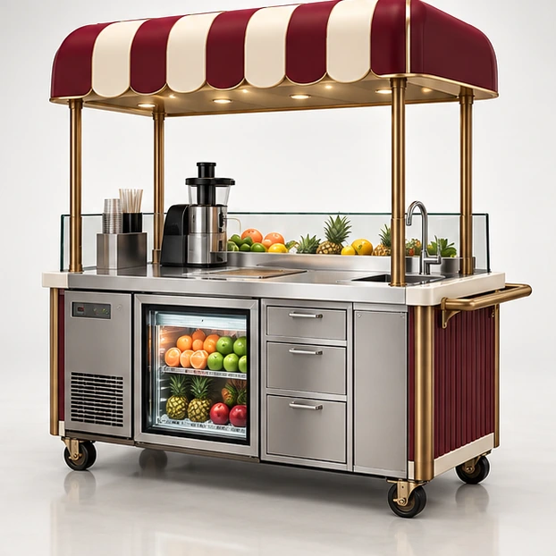 Fresh Fruit Juice Cart with Refrigerated Display and Serving Ledge operator-side equipment, access, and storage view