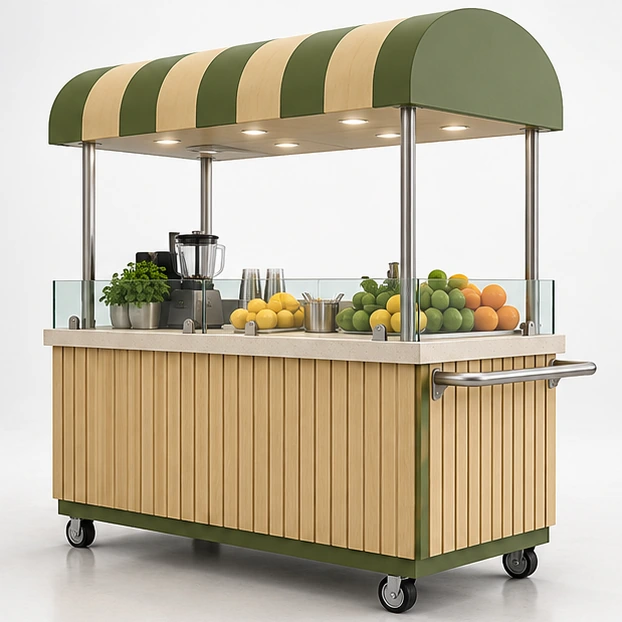 High-Capacity Juice Cart with Dual-Side Service opposite angle showing its complete footprint and display layout
