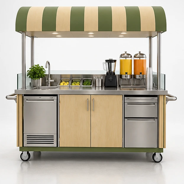 High-Capacity Juice Cart with Dual-Side Service operator-side equipment, access, and storage view