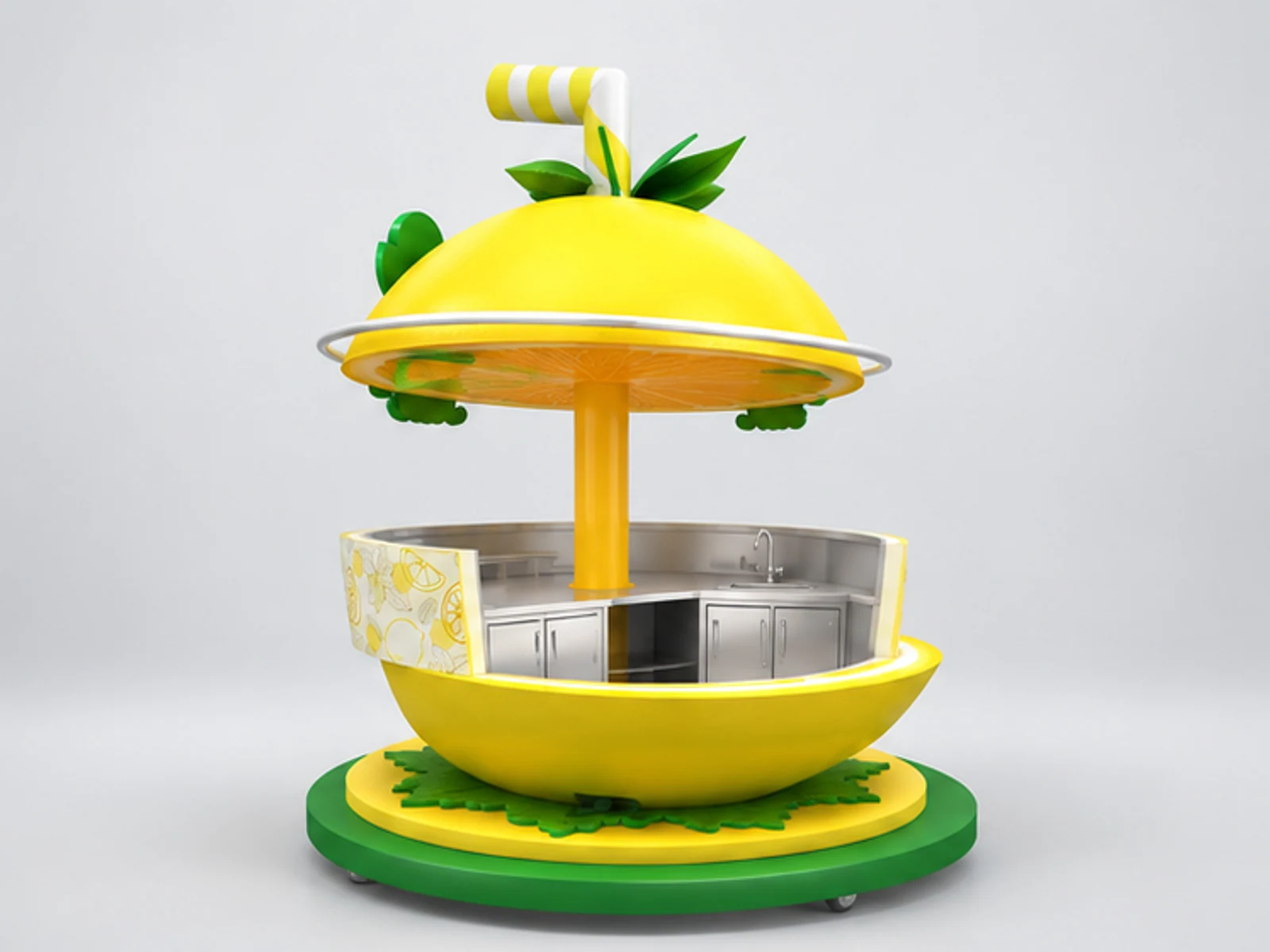 Lemon shape outdoor stand | attractive juice booth for sale opposite angle and overall footprint