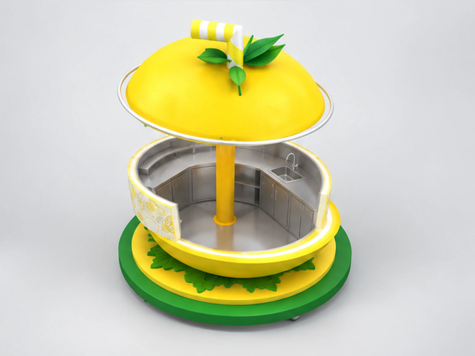 Lemon shape outdoor stand | attractive juice booth for sale staff-side equipment and storage view