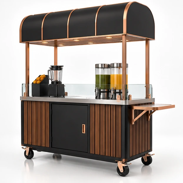 Modular Juice Vending Cart with Fold-Down Service Shelf opposite angle showing its complete footprint and display layout