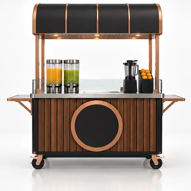 Modular Juice Vending Cart with Fold-Down Service Shelf customer-facing service and display view