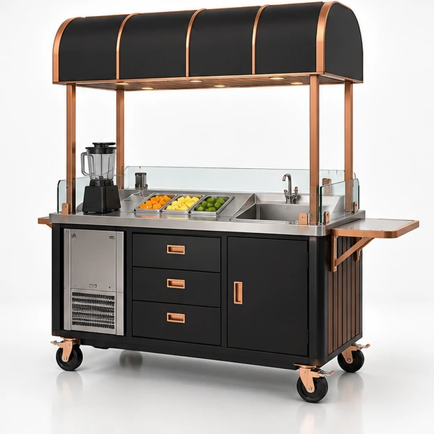 Modular Juice Vending Cart with Fold-Down Service Shelf operator-side equipment, access, and storage view