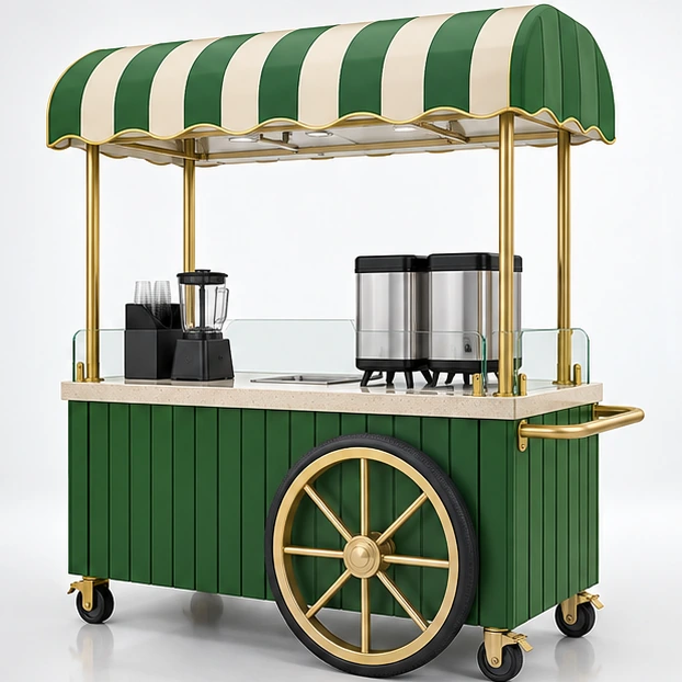 Outdoor Juice Cart with Canopy and Locking Wheels opposite angle showing its complete footprint and display layout