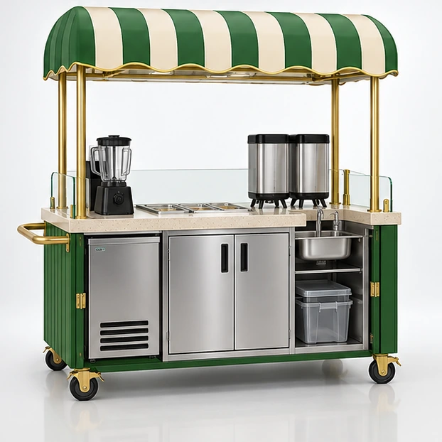 Outdoor Juice Cart with Canopy and Locking Wheels operator-side equipment, access, and storage view